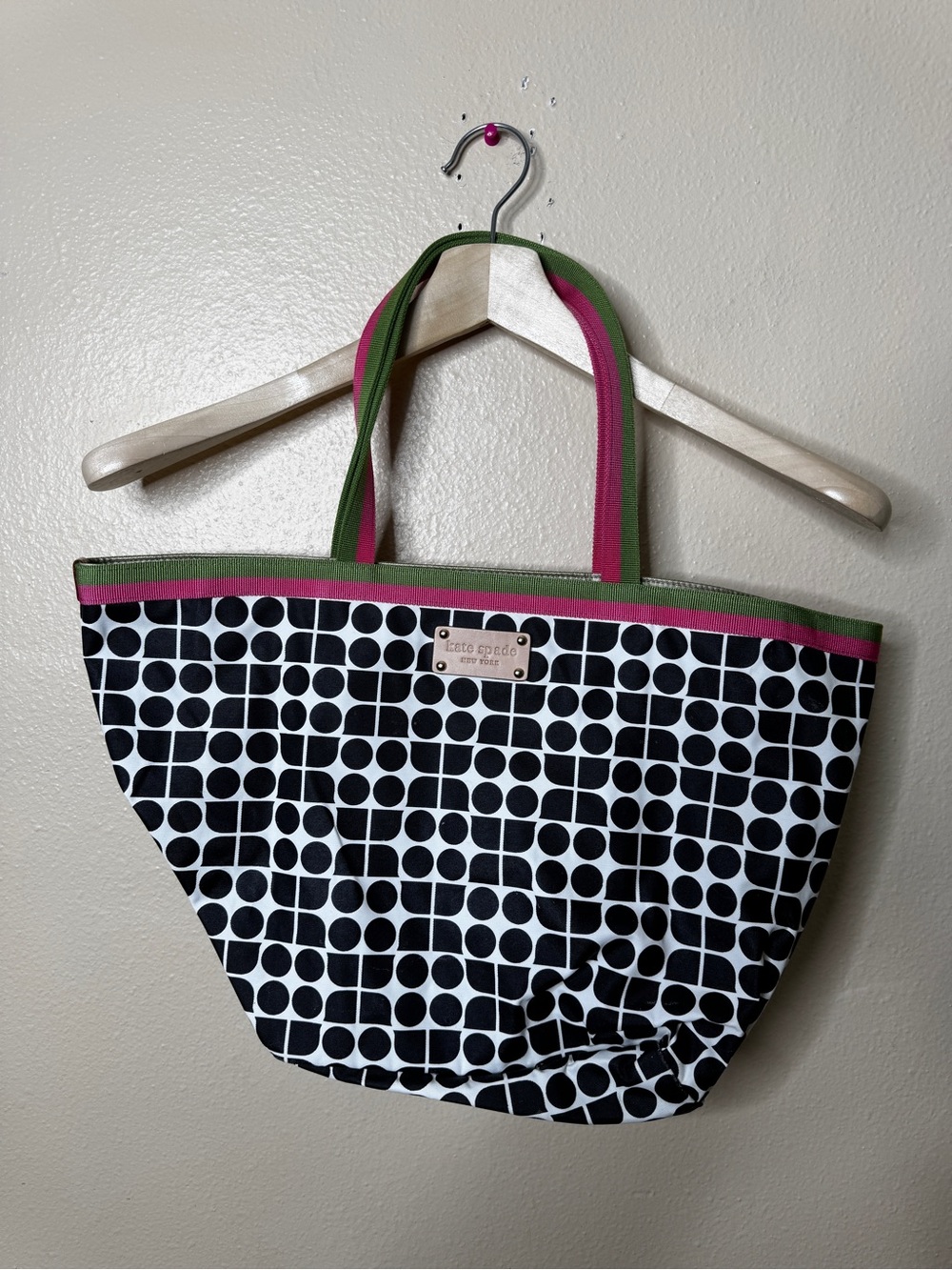 Kate Spade New York Black White Geometric Print Nylon Tote Bag Pink Green Trim